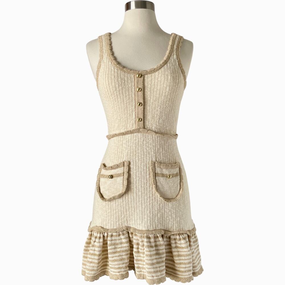 Alice McCall Heaven Help Knit Mini Dress Button Pocket Ruffle Trim 2 Cream - Picture 3 of 10